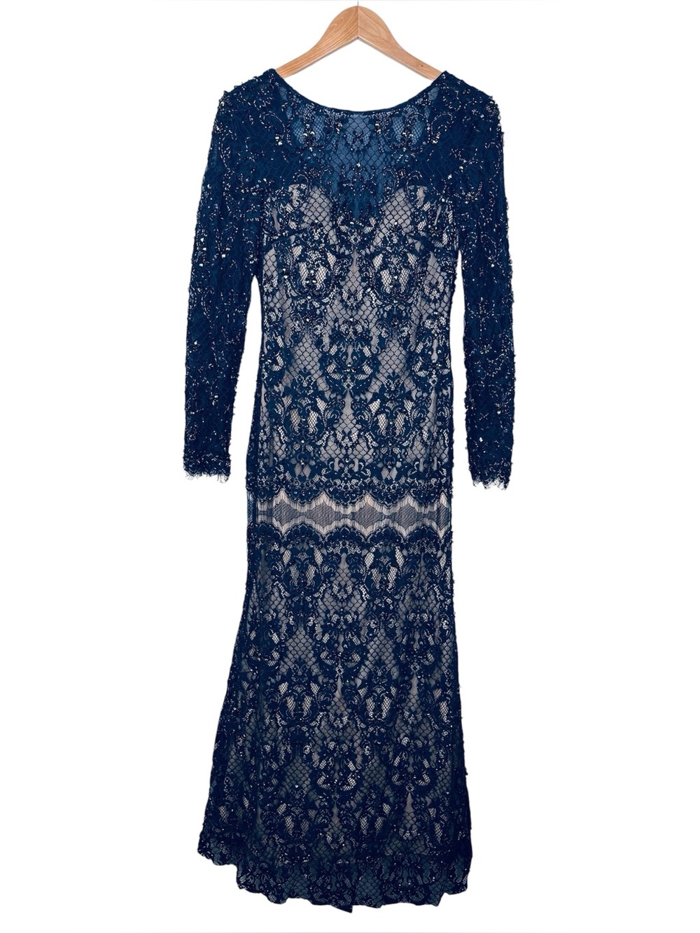Jovani Navy Blue Beaded Lace Long Sleeve Maxi Gown Sz 6